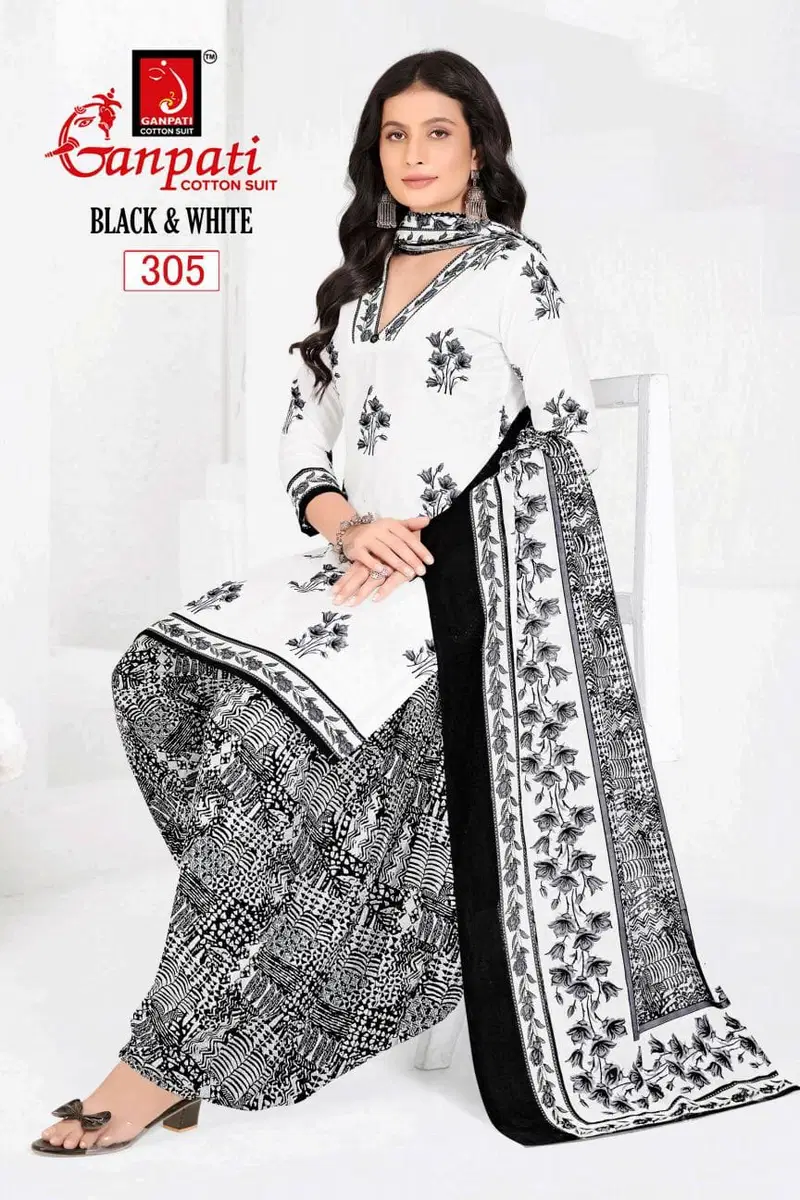 Black & White Vol 03 By Ganpati Heavy Cotton Printed Dress Material Suppliers In India